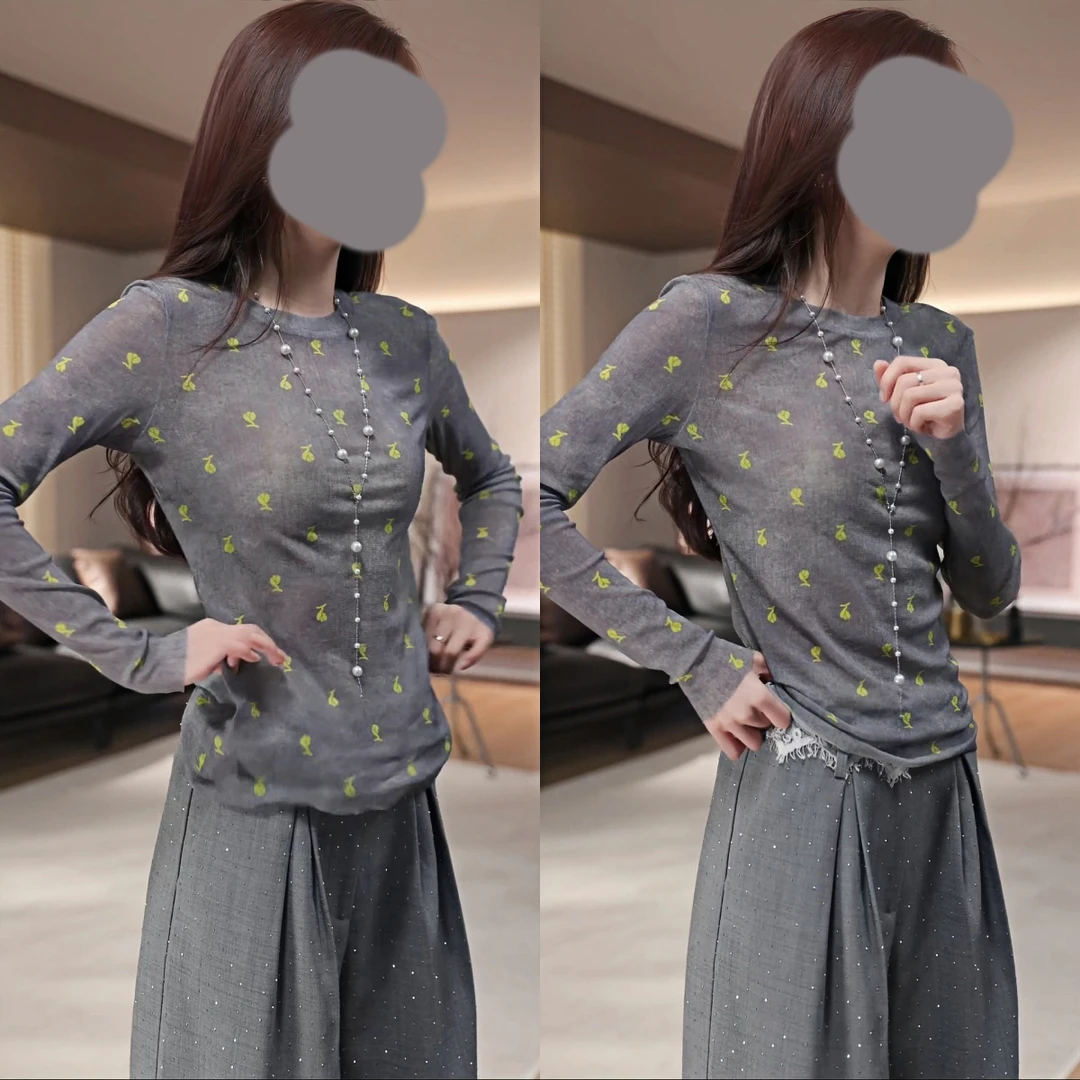 高级感老钱风套装女印花长袖防晒衫亮钻阔腿裤两件套夏季