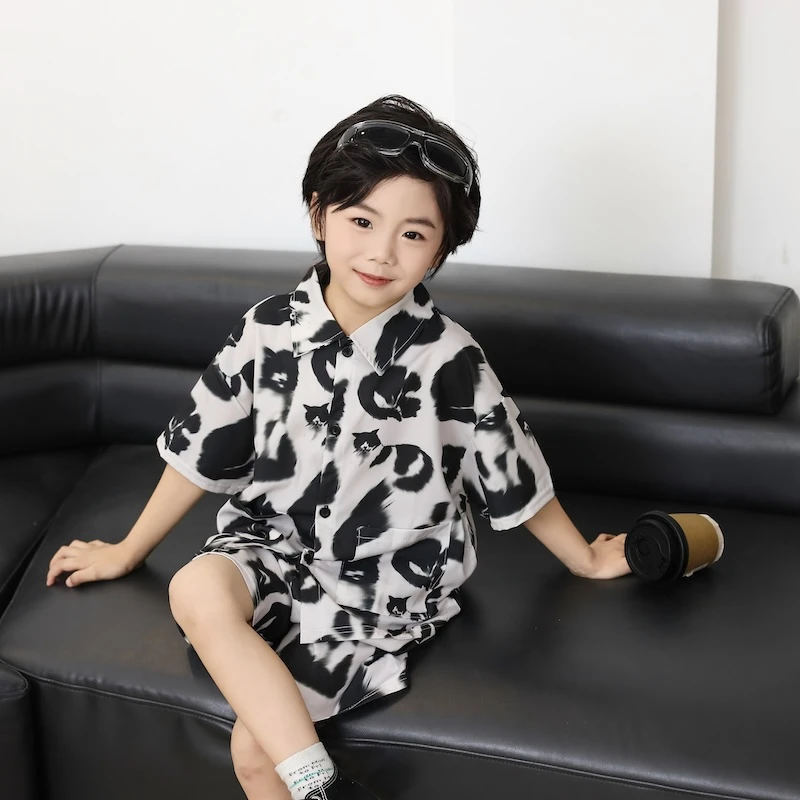 夏装休闲风夏季薄款套装衬衫碎花休闲扎染套装帅气洋气男童卡通男