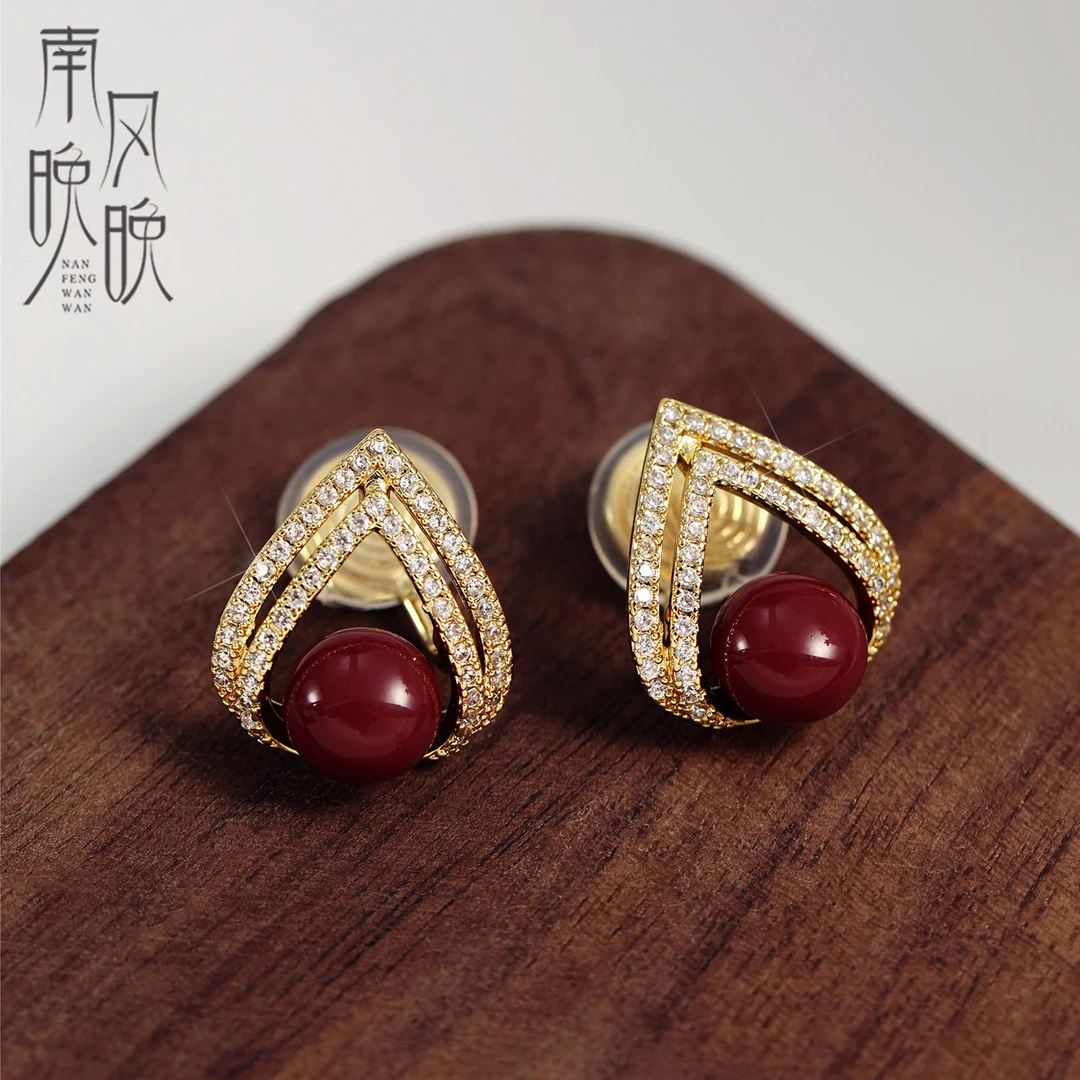 铜合金耳饰 0742闪锆双层水滴酒红色圆珠蚊香盘耳夹耳钉女耳饰