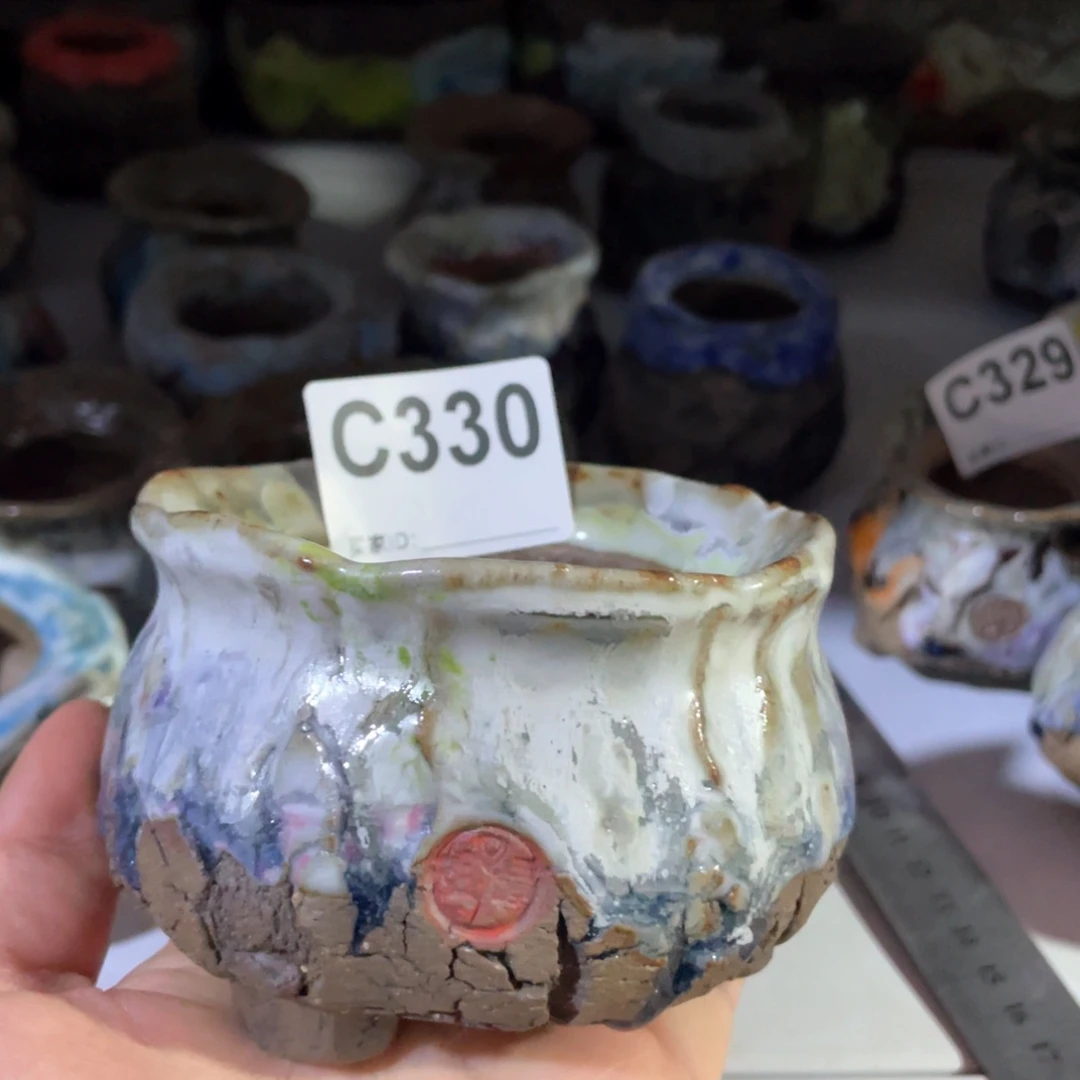 紫砂花盆孤品不规则  油画山石钱袋 外口9