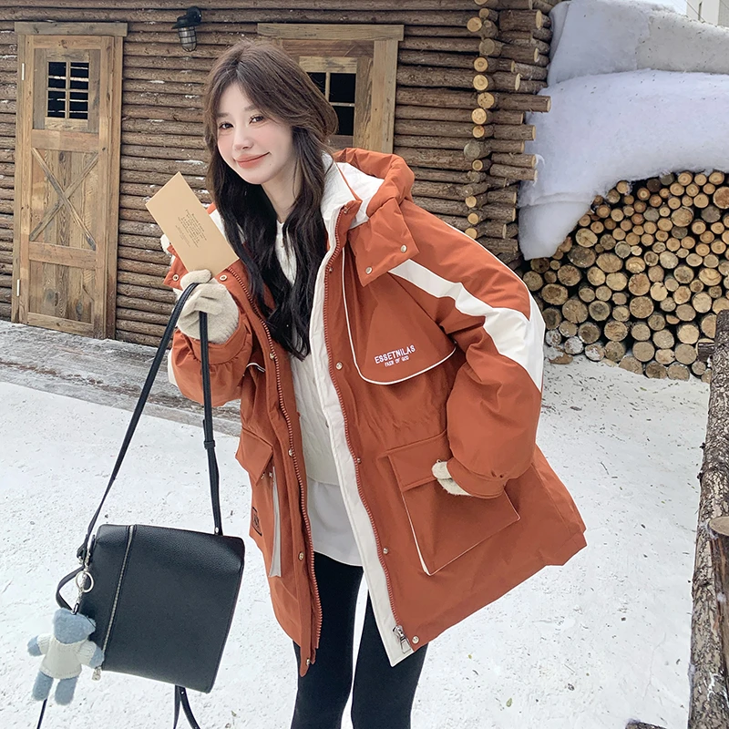 橘色连帽工装羽绒服女冬季2025年新款设计感洋气宽松白鸭绒派克服