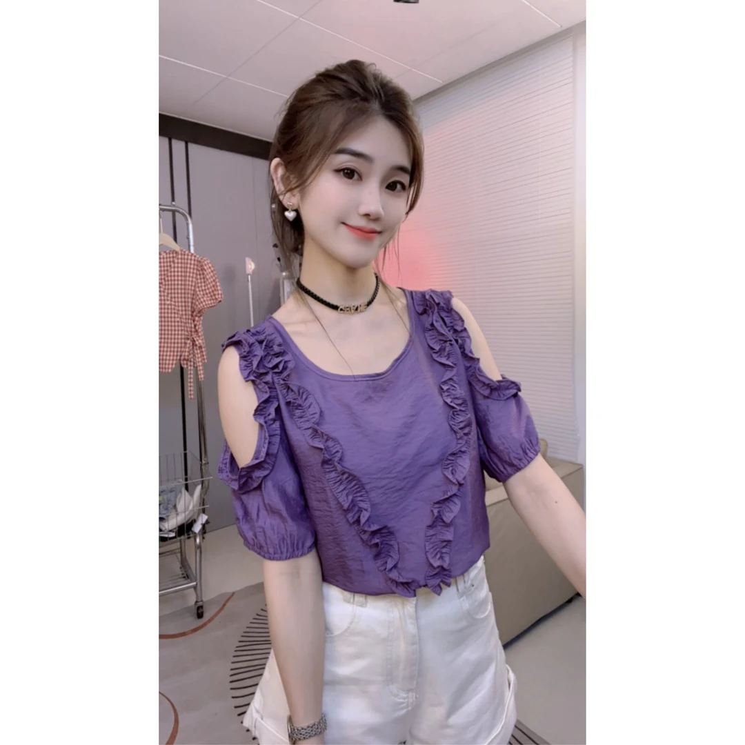 设计感荷叶边绝美上衣女夏小众时尚洋气宽松显瘦遮肚短袖t恤