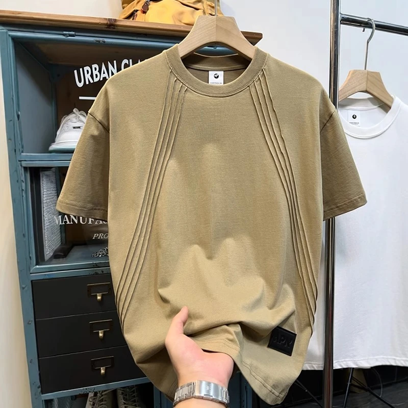 条纹高级感叠褶短袖t恤男夏季新款潮流男士宽松纯色半截袖体恤衫