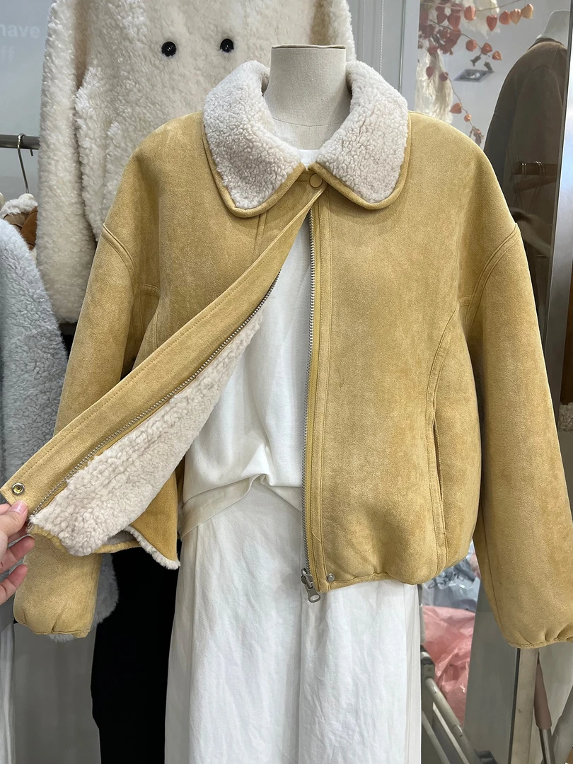 欧货高端翻领毛毛麂皮绒外套2025冬季新款时尚宽松加厚夹克上衣
