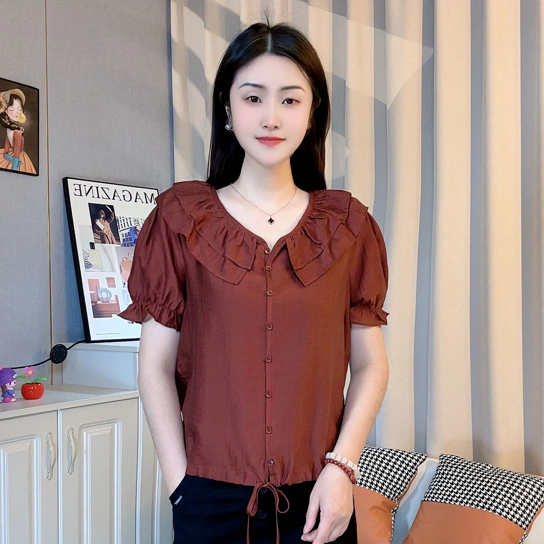 夏季新品显瘦小衫女时尚休闲荷叶边宽松百搭减龄洋气短袖T恤上衣