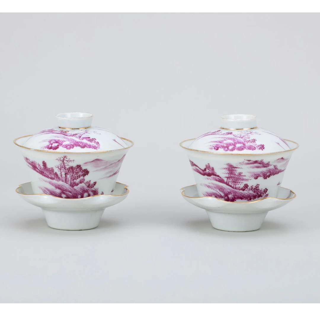 【拍卖】1、民国  胭脂彩山水图三才盖碗（两套）