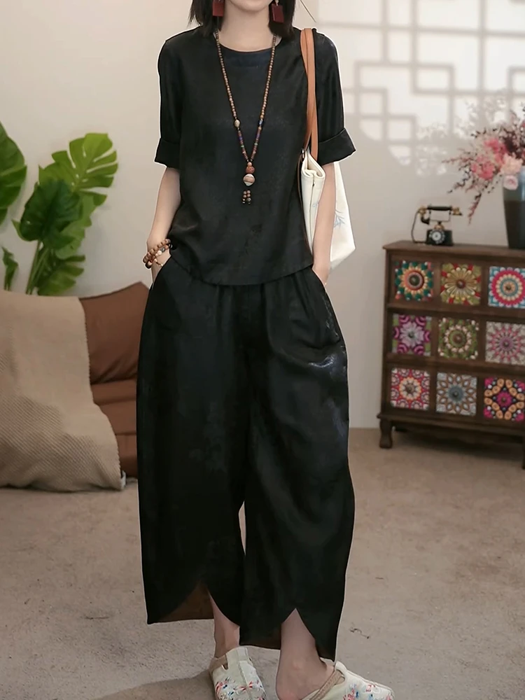 洋气高端时尚休闲裤套装女2025夏季新款纯色百搭显瘦上衣+阔腿裤