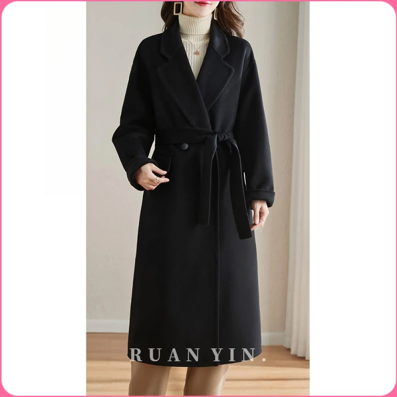 RUAN YIN系带黑色韩版羊毛呢外套女宽松秋冬新款中长高端双面绒