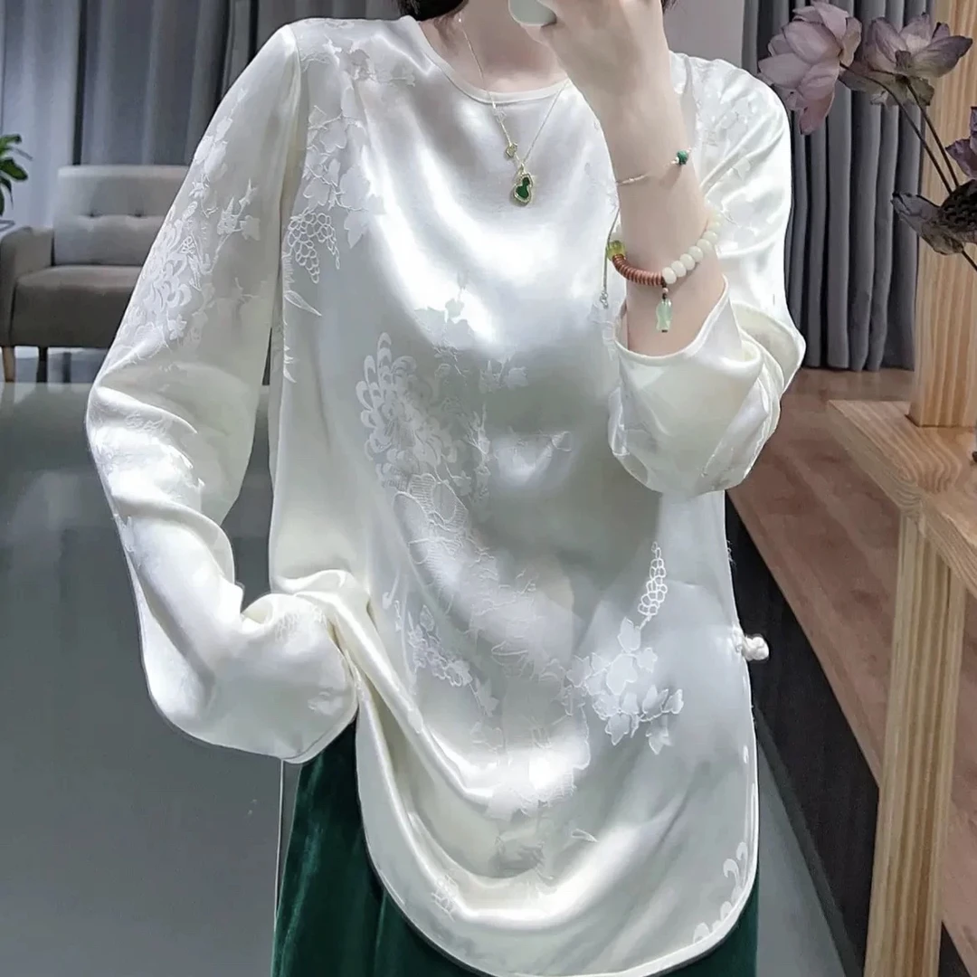 欧洲站缎面浮雕肌理提花国风衬衣内搭2025早秋新款中式旗袍衬衫