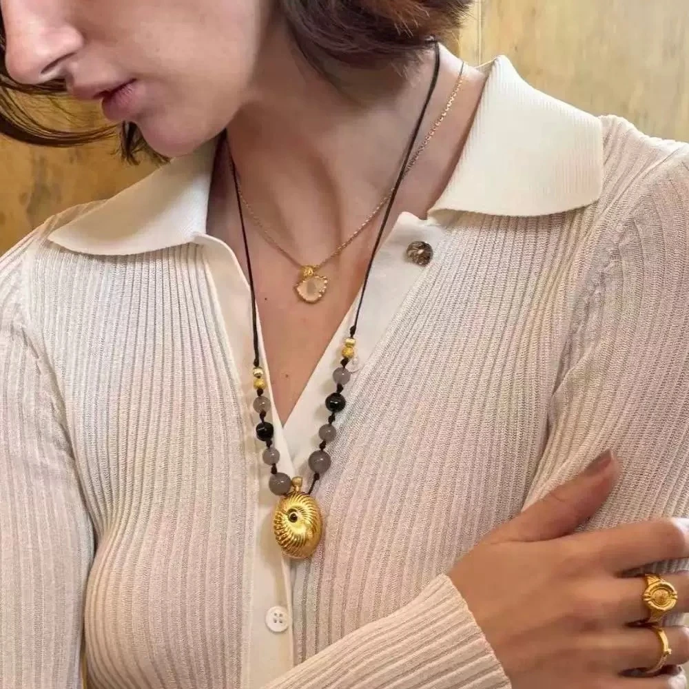 黄铜石英石项链 旋涡香水瓶小众设计百搭复古串珠长款毛衣链