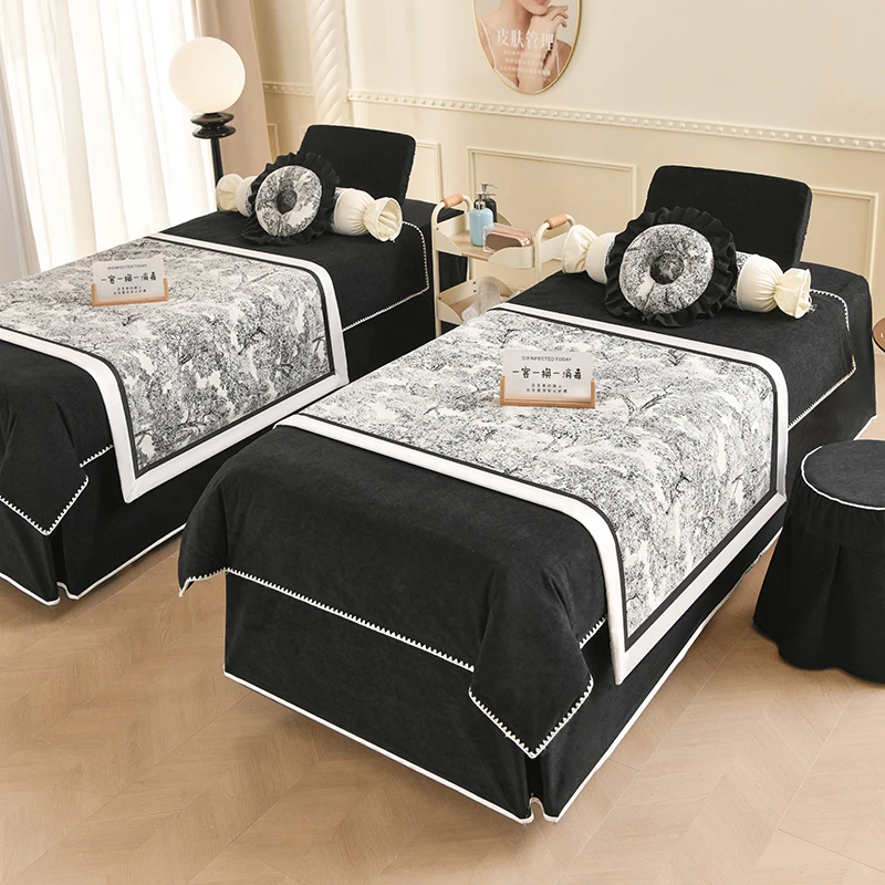 高档美容床罩 网红款采耳床按摩床头疗床美容床罩四件套黑色床上