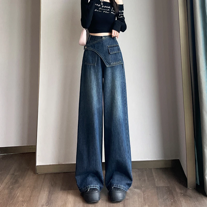 复古蓝阔腿牛仔裤女秋季2025年个性腰头松弛感宽版大喇叭拖地长裤