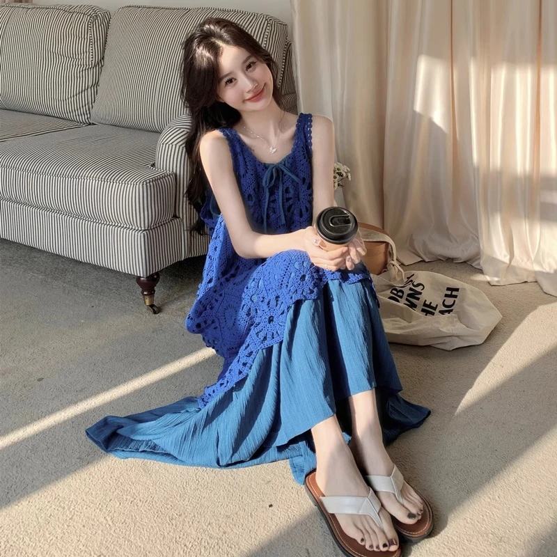 蓝色温柔穿搭镂空罩衫度假吊带裙子2025新款甜美两件套连衣裙女夏