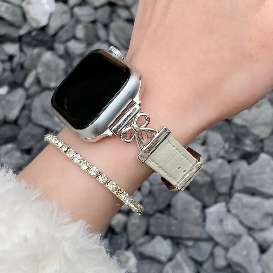 适用小米手环9pro表带蝴蝶结金属拼皮质8pro红米watch5/4表带女生