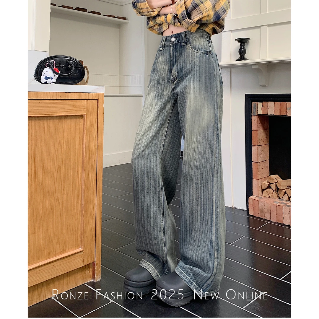 初秋美式复古水洗提花阔腿牛仔裤宽松拖地裤ins时尚简约