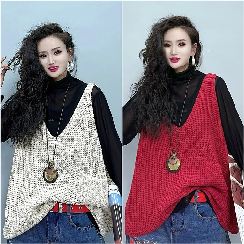 春秋叠穿外搭针织马甲背心女2025新款纯色设计感小众马夹-66543