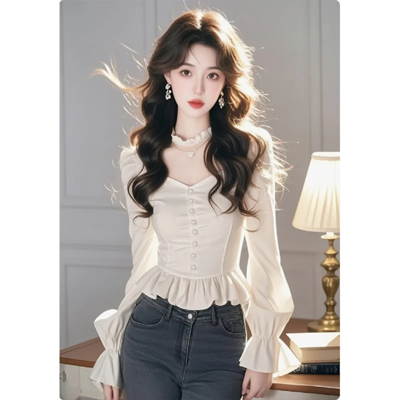 气质荷叶边长袖白色衬衫女2025春秋新款设计感小众修身显瘦上衣潮