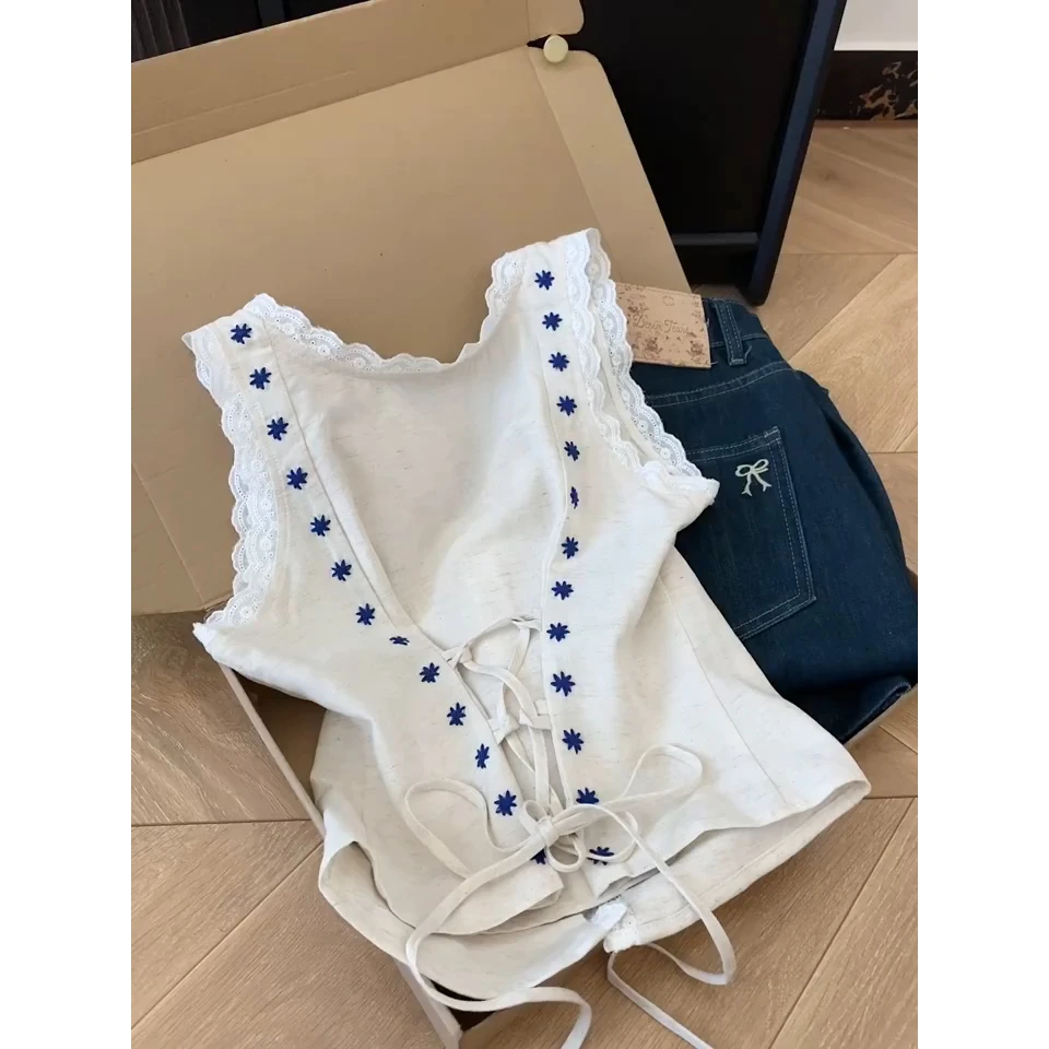 白色蕾丝花边坎肩吊带工字背心女夏外穿薄款宽肩带无袖上衣高级感