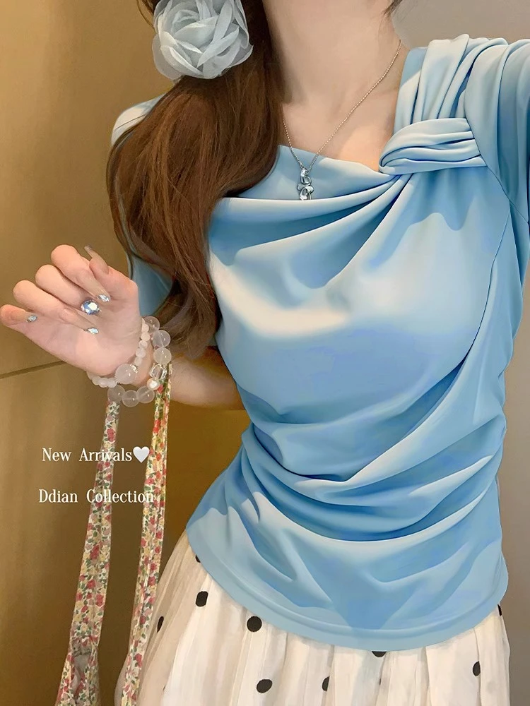 短袖夏季t恤衫别致斜领2025新款气质褶皱显瘦纯欲白色设计感上衣