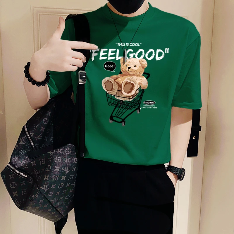 追属潮男绿色小熊印花T恤男短袖夏季半截袖休闲轻奢潮牌时尚半袖t