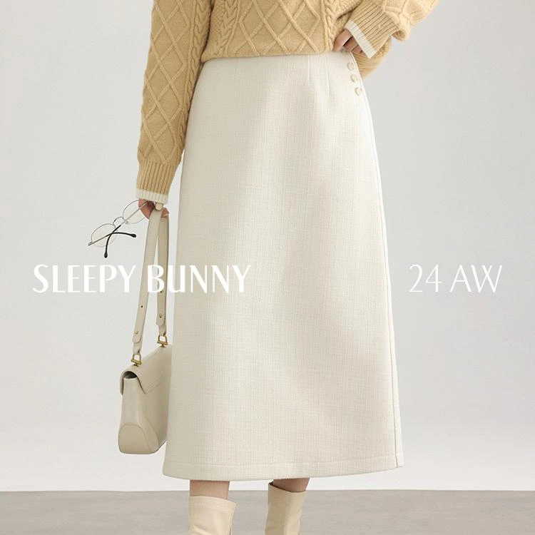 L瞌睡兔【清苍】肌理感直筒毛呢半身裙女冬高腰显瘦开衩长裙246995