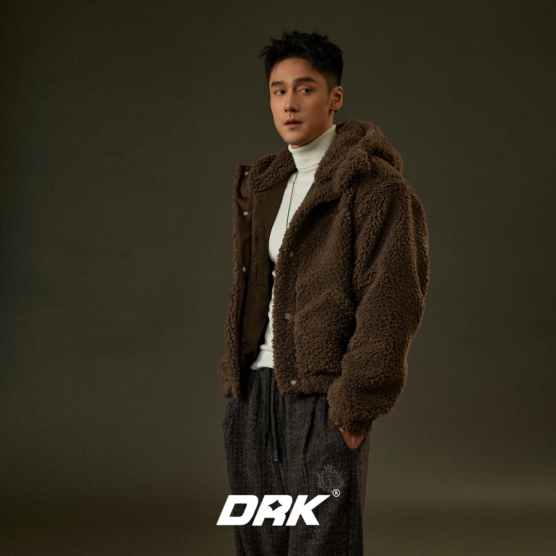 DRK刺绣羊羔毛外套秋冬季新款美式复古高级痞帅连帽保暖上衣男