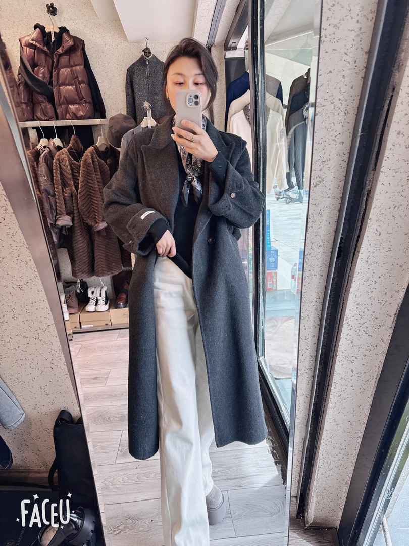 高级感灰色双面女长款气质时尚外套羊绒