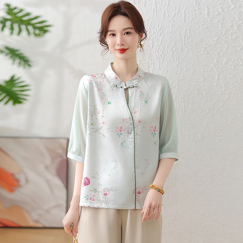 2025新款中年妈妈夏装中式国风小衫洋气雪纺衫中老年女装中袖上衣