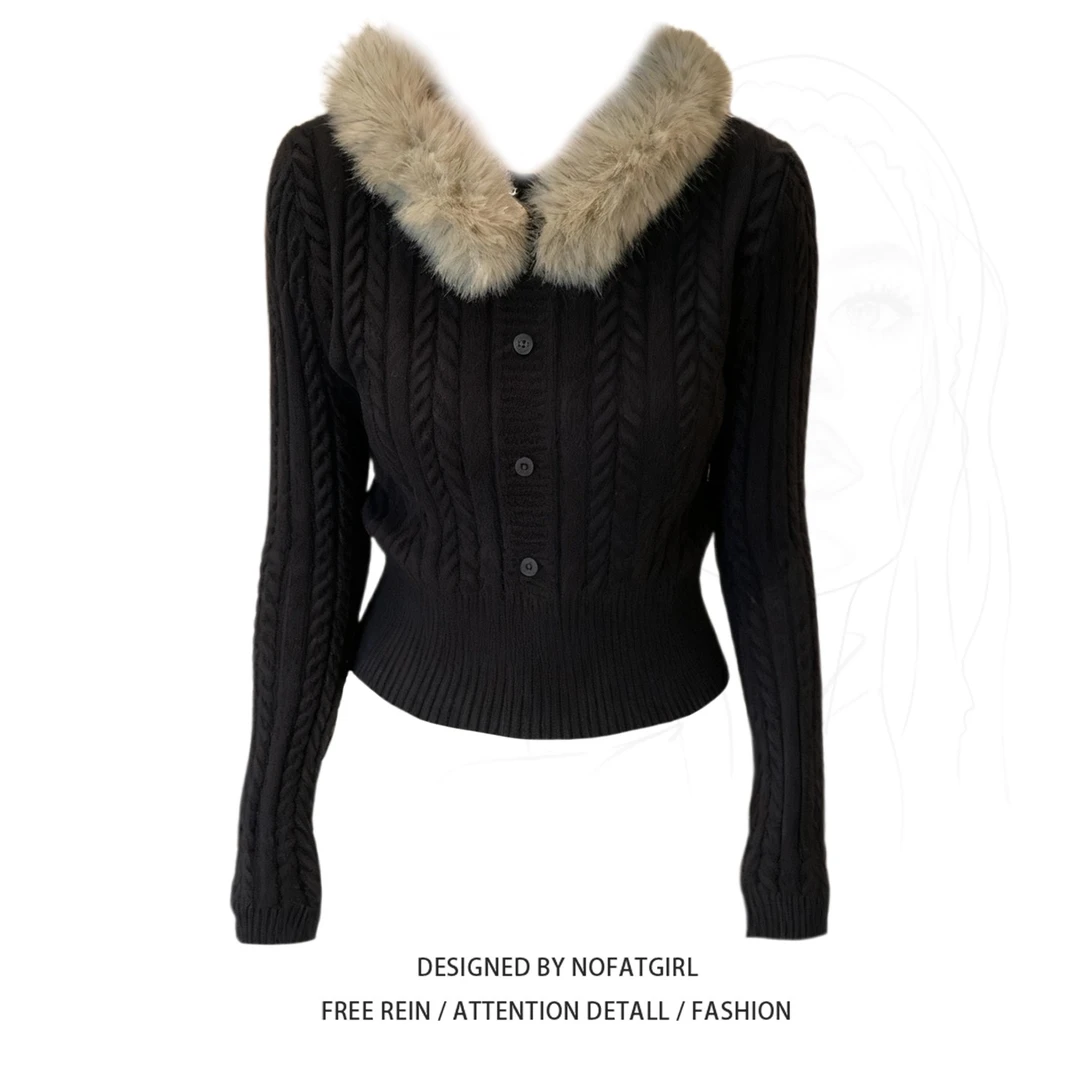 大码胖MM韩系毛领针织衫女秋冬季氛围感高级感打底衫秋日韩女叠穿