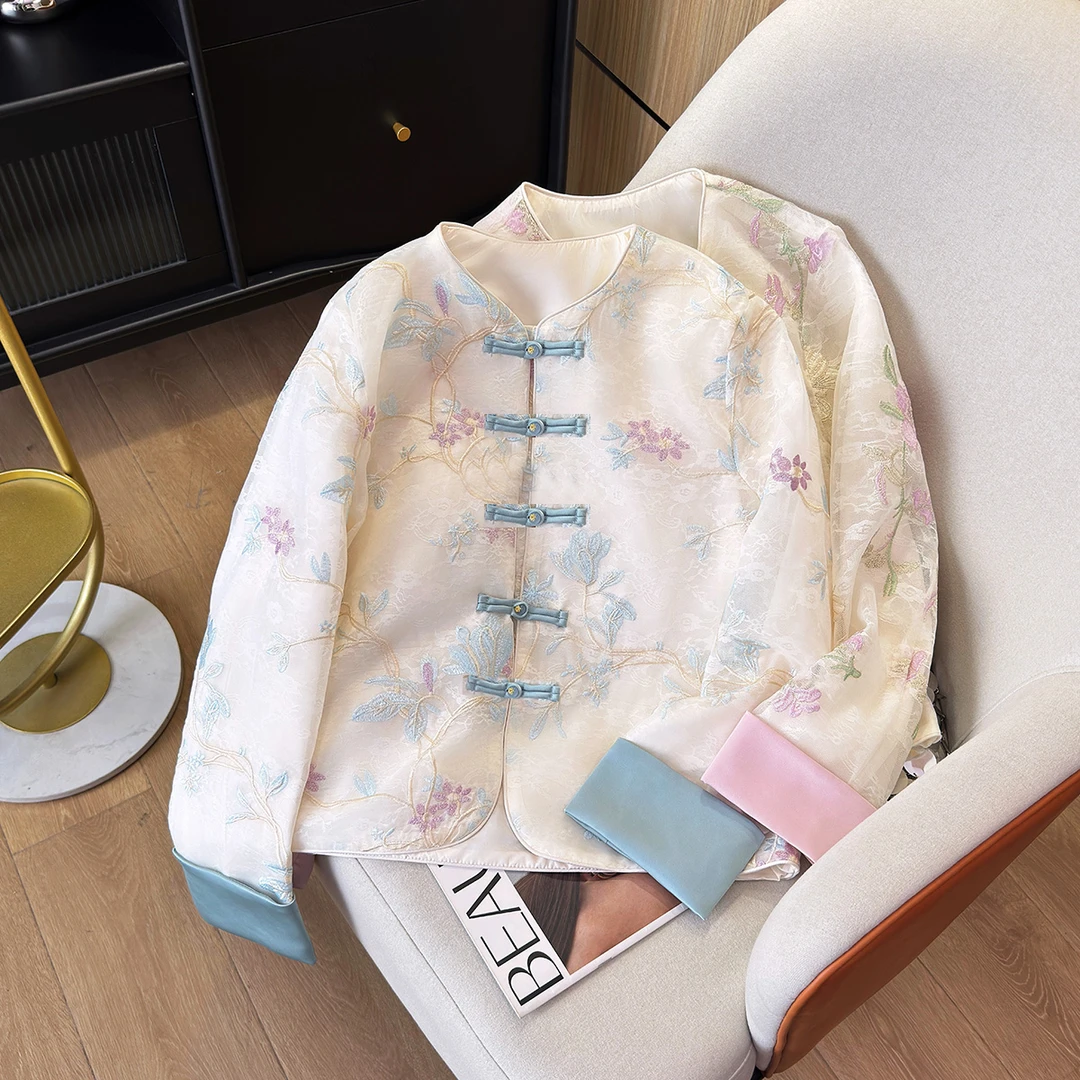 夏季新中式国风重工刺绣圆领外套女时尚复古百搭盘扣上衣薄款潮流