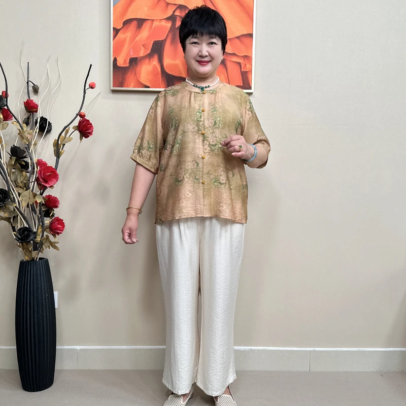 英姐大码妈妈装夏季新中式薄款小衫中老年女装加肥加大套装2152