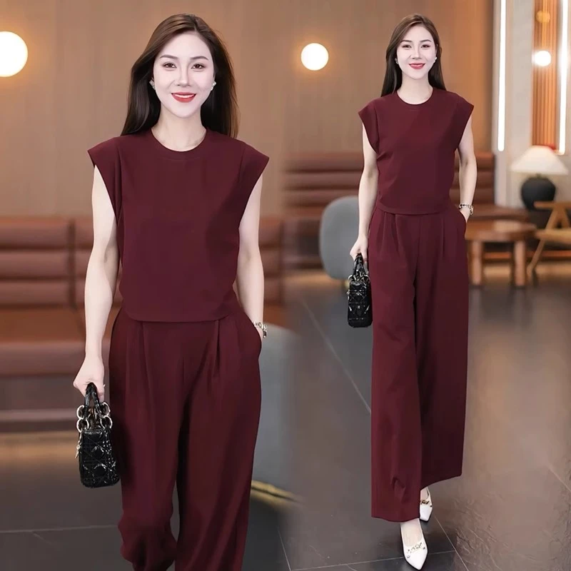 时尚套装女2025夏季新款时髦洋气小飞袖上衣高腰阔腿裤气质两件套