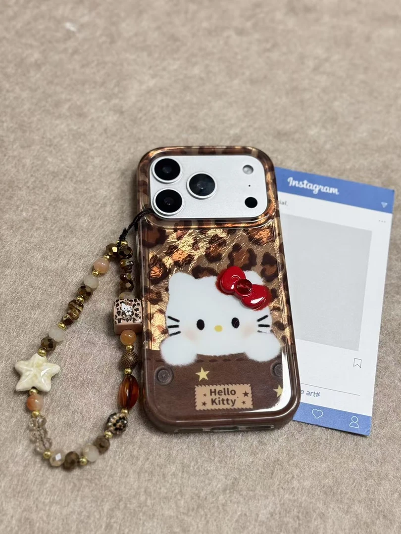 秋冬立体蝴蝶结豹纹kt带挂链imd双层手机壳