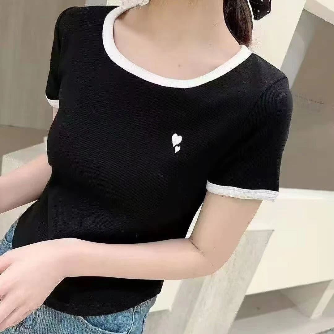 新款撞色圆领内搭短袖夏季休闲百搭针织T恤爱心刺绣气质女上衣