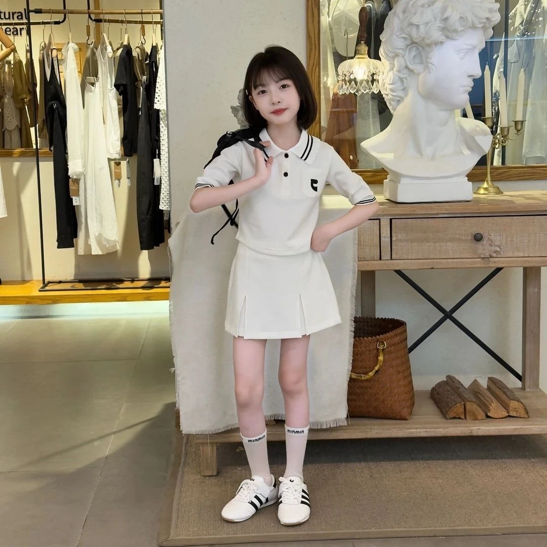 女童夏装Polo领短袖t恤套装儿童夏季裤裙休闲两件套2025新款洋气