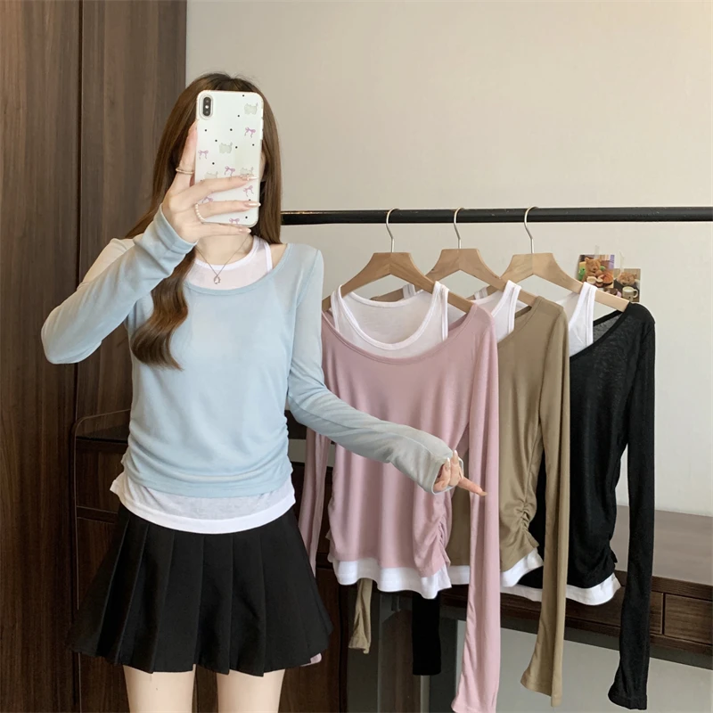 1533大码女装2025春季新款休闲显瘦收腰假两件长袖T恤