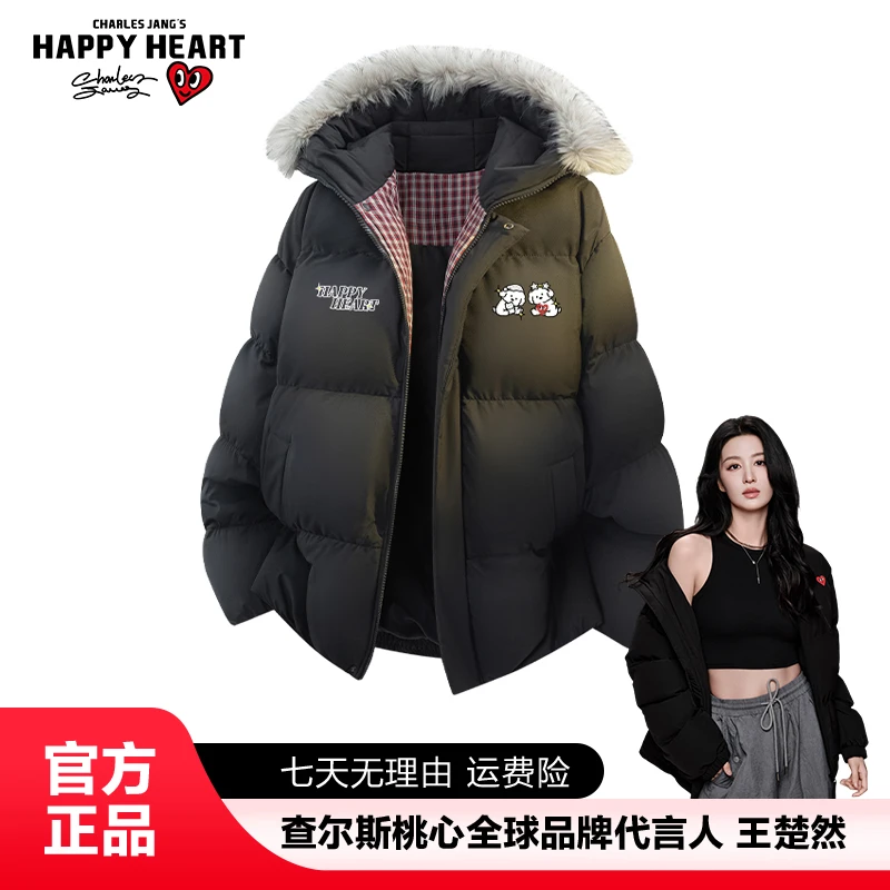 查尔斯桃心韩式连帽可拆卸毛领棉服情侣休闲卡通印花保暖外套棉衣