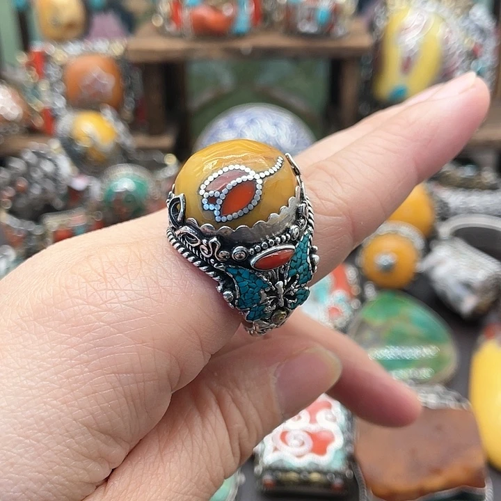 银S925镶嵌蜜蜡戒指