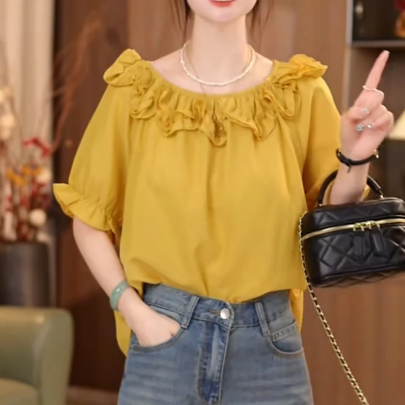 轻奢百搭圆领一字肩短袖衬衫高级感时尚气质复古女款红色方领上衣