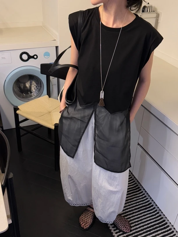 【俪宝】私服！小众设计感极简飞飞袖波浪边拼接轻纱T恤假两件显瘦