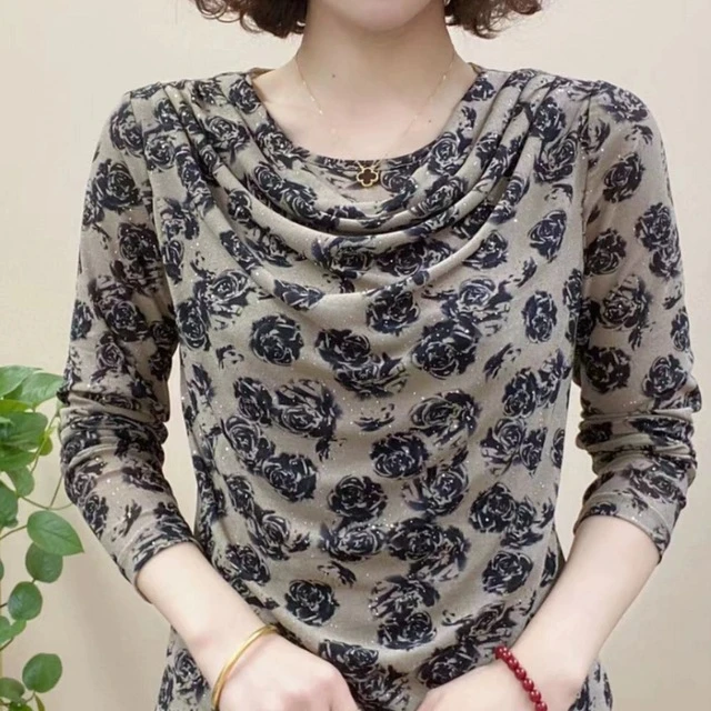 金福禄同款妈妈装春季中长袖网纱打底衫中年女装V领洋派显瘦小衫