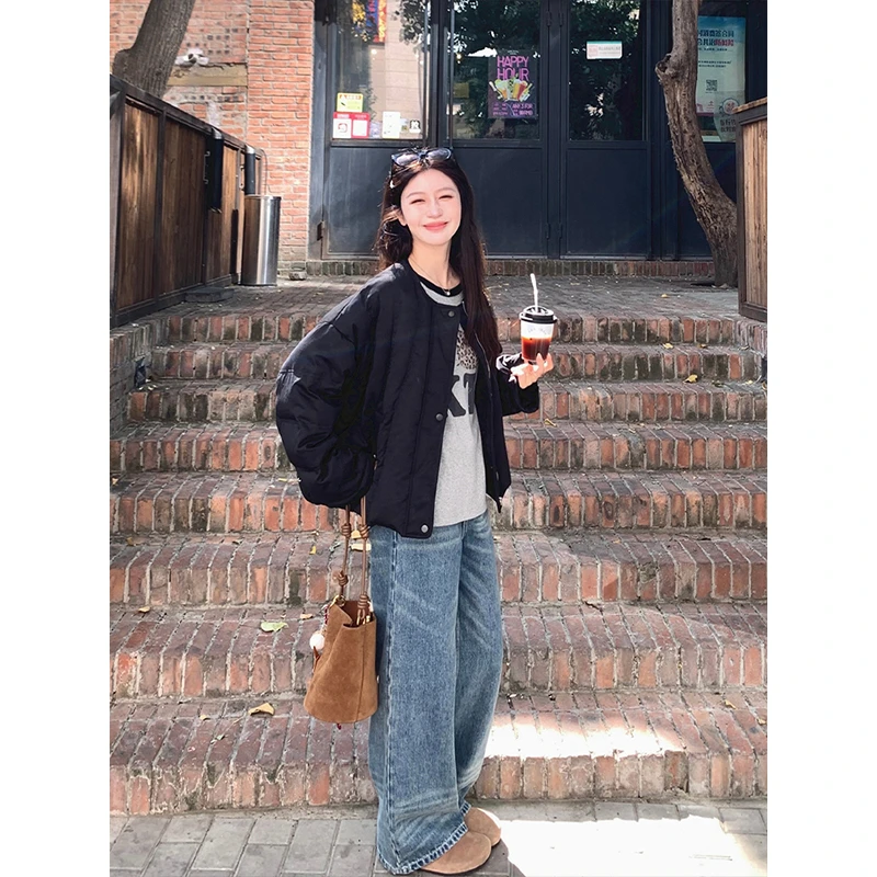 复古纯色圆领宽松保暖面包服女冬季新款韩版时尚设计感百搭棉服潮