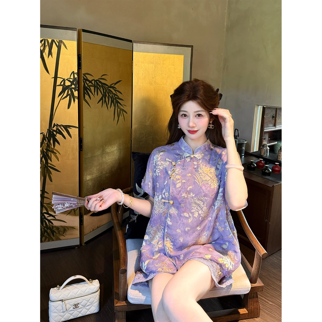 GA盈瓷【紫雾烟萝】烧花斜襟上衣短裤套装两件套 25SS1298