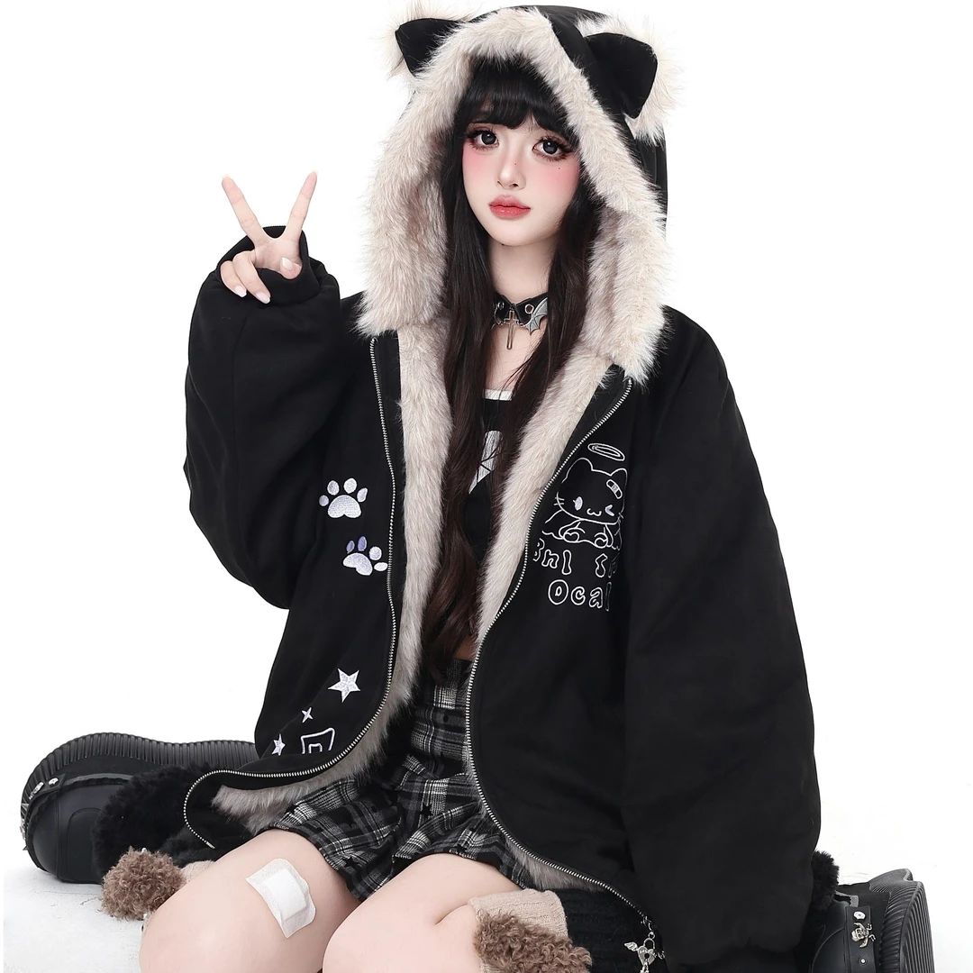 可爱Hellokitty刺绣毛绒棉服外套女2025秋冬新款小众设计甜美上衣