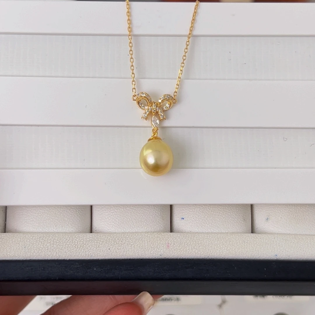 银S925镶嵌颈饰海水珍珠金珠吊坠9-10mm可定制爱