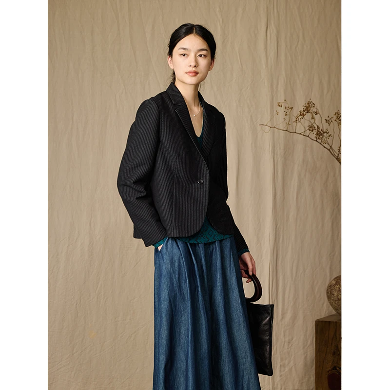 Q.TU独特漂亮西装外套棉麻天丝4475休闲气质黑色职业高级新款西服