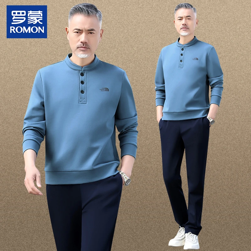 罗蒙名牌爸爸春装休闲运动套装卫衣新款中老年男士春秋装圆领外套