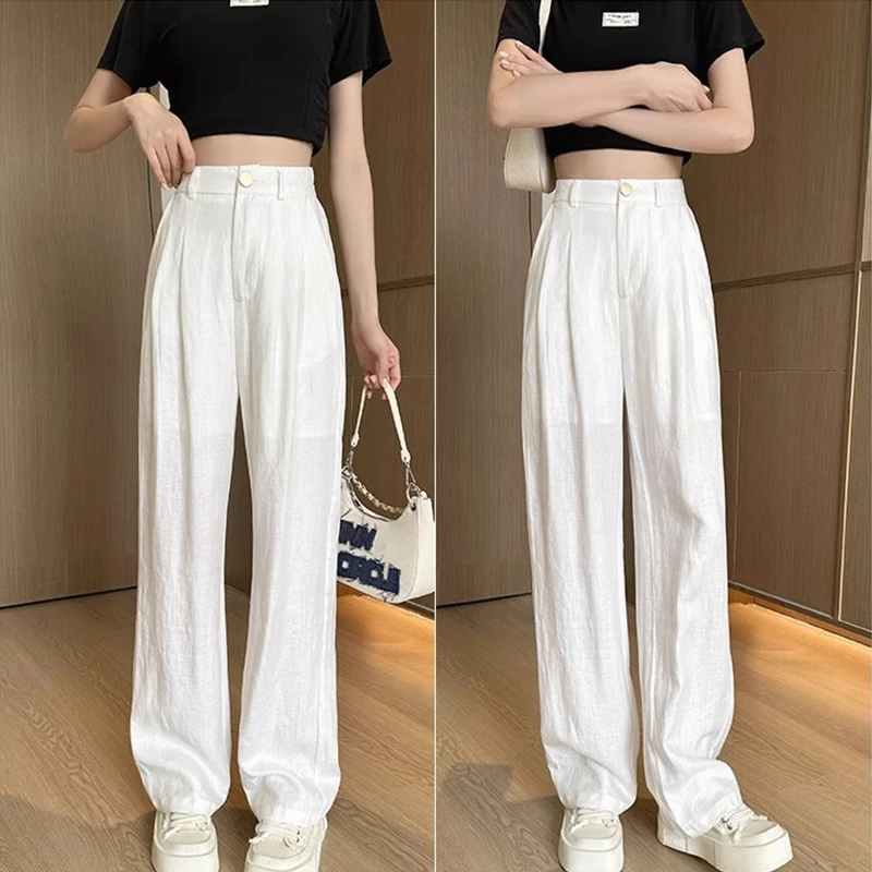 夏季西装薄款亚麻阔腿裤垂感高腰宽松显瘦白色直筒女款休闲裤子