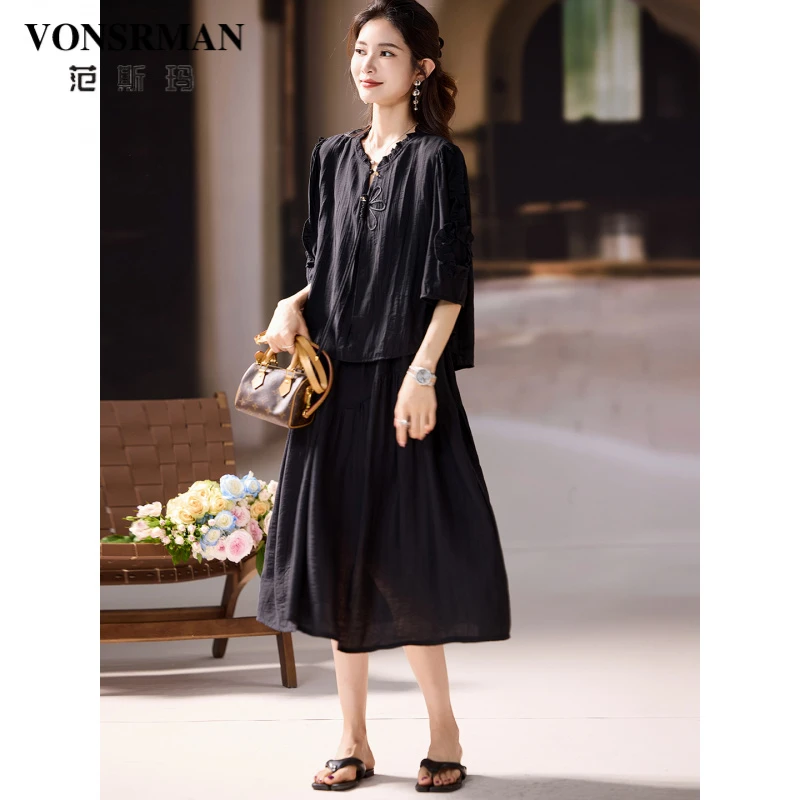 高端木耳边拼接雪纺连衣裙女夏季2025新款法式气质宽松显瘦小黑裙