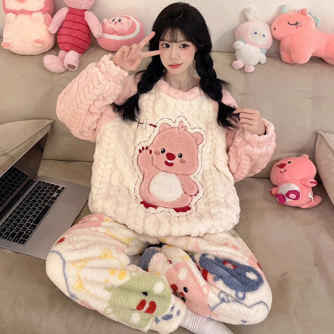 可爱风秋冬季珊瑚绒睡衣女卡通加厚加绒加大码法兰绒保暖冬天家居